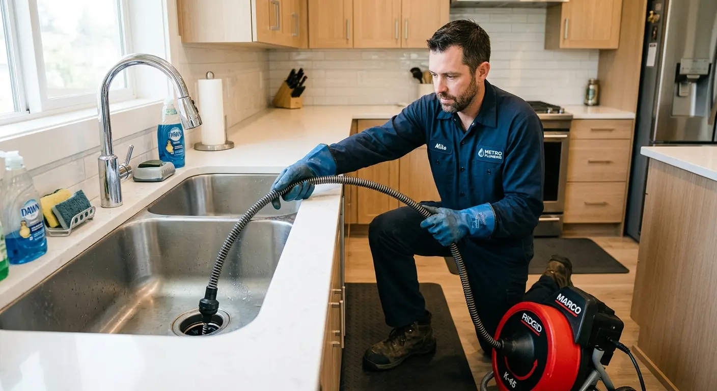 Drain cleaning technician using a motorized snake on a kitchen sink in Odessa