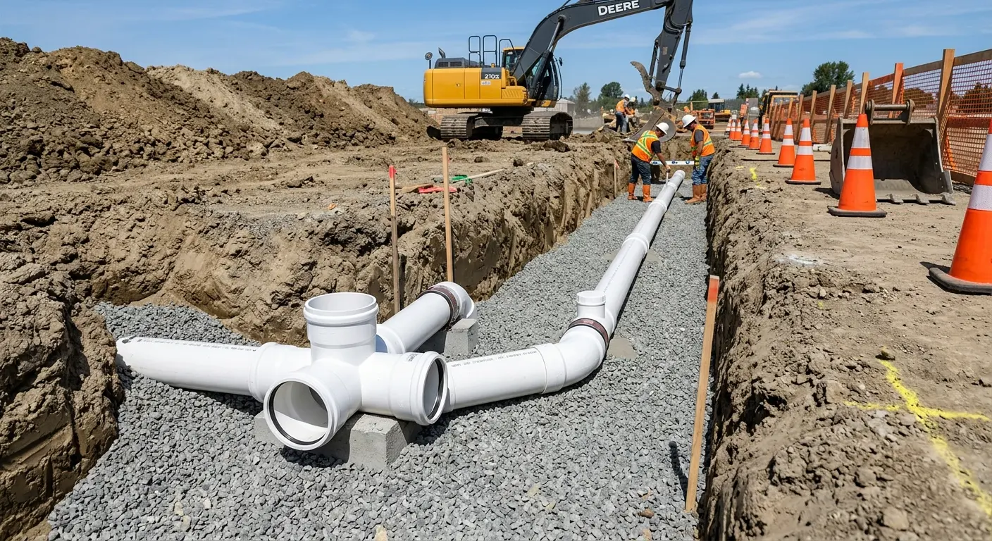 New PVC sewer pipe installation in open trench for Sewer Backup in Odessa