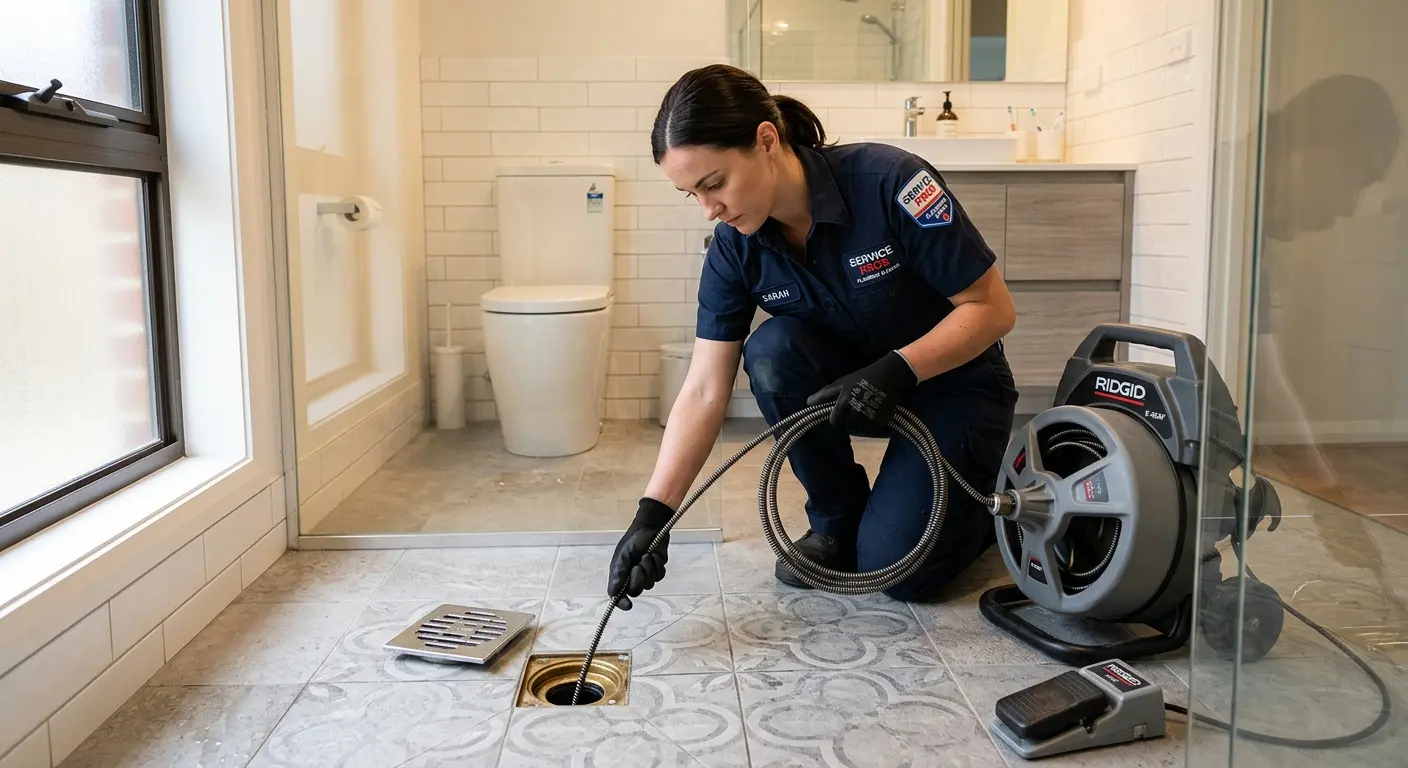 Technician clearing a bathroom floor drain for Sewer Line Replacement in Odessa